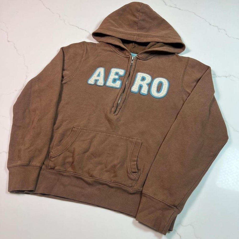 Aeropostale Brown Y2K Quarter Zip Hoodie Aero Chenille Patch Pullover Large